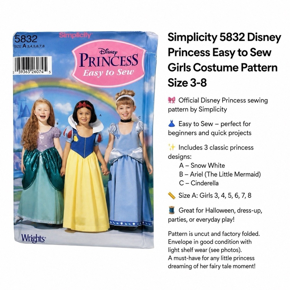 NEW Simplicity Pattern 5832 Disney Princess Costumes Girls’ 3-8 Easy Sew Vtg Y2K